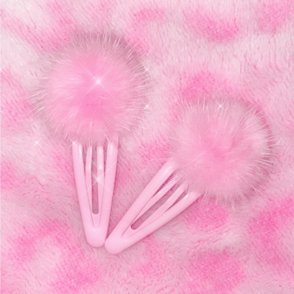Pink Pom Pom fuzzy hair clips Set snap clip hair accessory